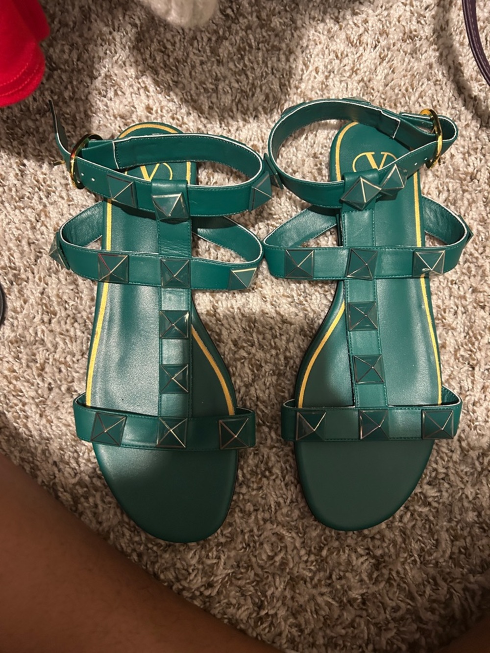 Valentino Green Rockstud Strappy Flat Sandals